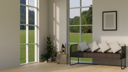 Fototapeta na wymiar Cozy minimal home living room interior design with modern sofa, windows with green field view