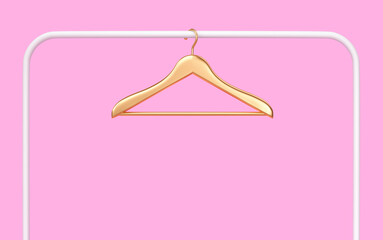 White rack with golden clothes hanger isolated on pink background