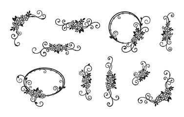 Black and white borders, corners and frames with flowers, leaves, twigs and curls, isolated on a white background. Vector set of floral frame for holiday greeting card, wedding invitation and monogram