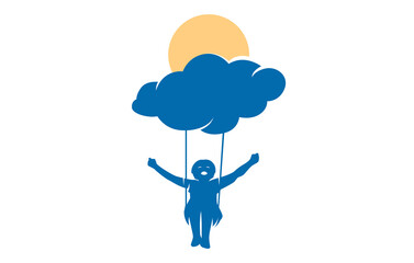 Child Playing Swing On Clouds Logo Design Template. Reaching Dream Logo Icon Illustration