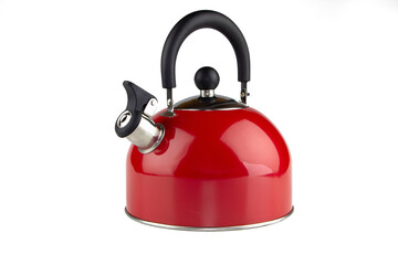 Red metal kettle with whistle isolated on white background.