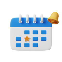 Minimal blue white important agenda calendar with mark date and notification bell icon isolated on background. Business task organize management, reminder, monthly or weekly plan. 3d render