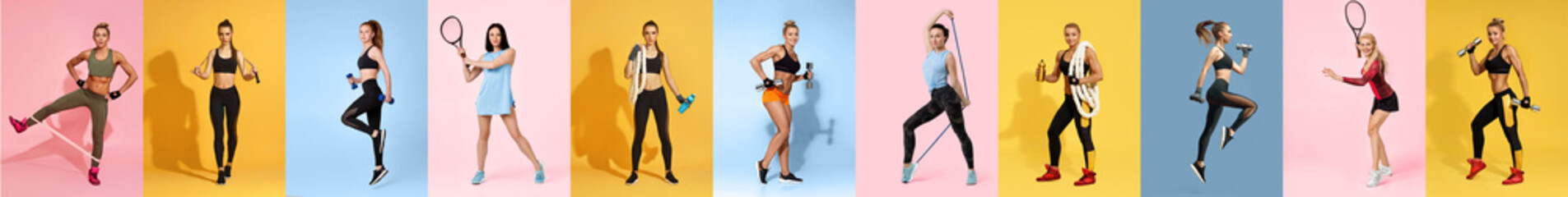 Fototapeta premium Set of portraits of healthy fitness woman doing workout