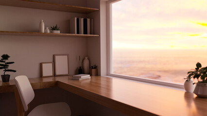 Modern luxury comfortable beach house working room interior with luxury wood working desk
