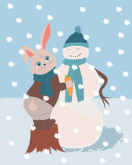 Funny rabbit trying to put down snowman's carrot nose. Happy bunny with snowman. Vector greeting card.