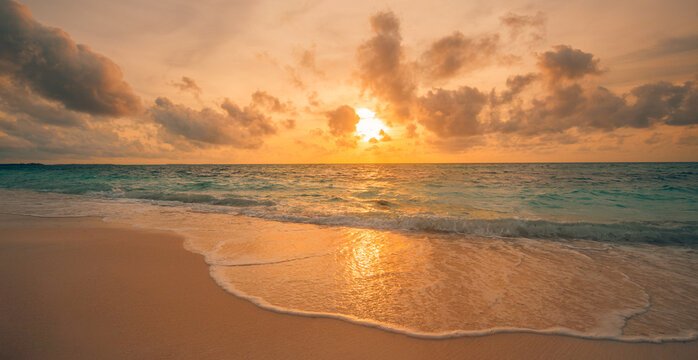 Colorful sky clouds ocean beach sunrise sunset freedom. Tropical island seaside, amazing coastal landscape, exotic beach shore, sea horizon. Inspire happy closeup of sand, beautiful summer travel