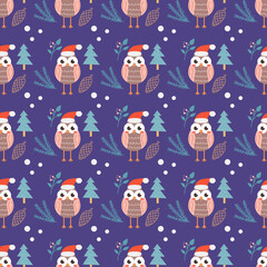 Fototapeta na wymiar Cute owl, a Christmas vector seamless pattern