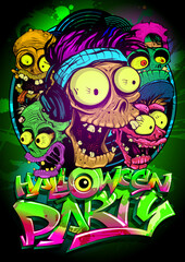 Halloween party poster or invitation flyer with funny monsters crowd