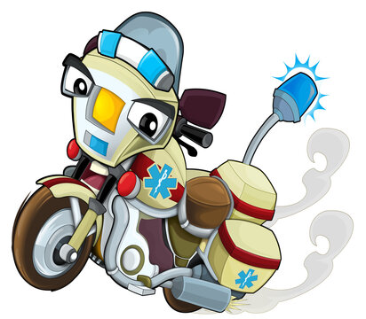 cartoon scene with funny looking ambulance motorcycle illustration for children
