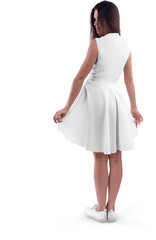 Mockup of a white wave dress on a girl, png, back view, isolated on background.