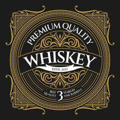 Whiskey ornate vintage victorian typography logo design with decorative ornamental flourish frame