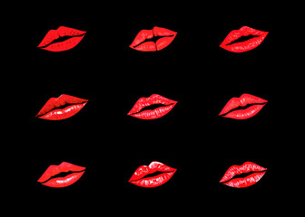 A collection of female red lips giving a kiss, similar images with slight variations. Isolated on a black background.
