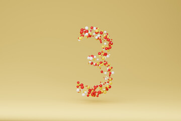 3d illustration of number three made with spheres in yellow background