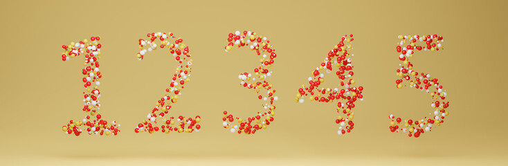 3d illustration of number one,two,three,four and five made with spheres in yellow background