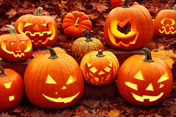 Fototapeta premium halloween pumpkins and autumn leaves pattern, holiday illustration, textures, wallpapers