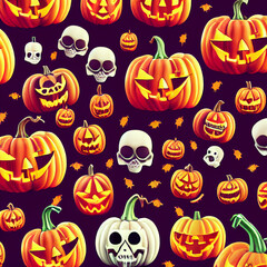halloween pumpkins and autumn leaves pattern, holiday illustration, textures, wallpapers