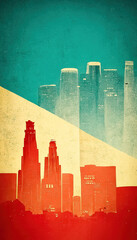 Beautiful vintage poster on buildings and modern American cityscape, red and blue color, retro style of the USA
