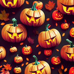 halloween pumpkins and autumn leaves pattern, holiday illustration, textures, wallpapers