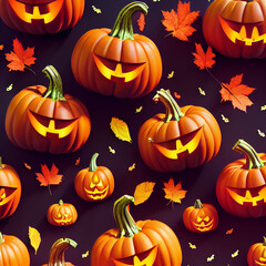 halloween pumpkins and autumn leaves pattern, holiday illustration, textures, wallpapers