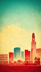 Vintage poster on the city of Los Angeles with red retro building, skyscraper in profile, for poster design or flyer
