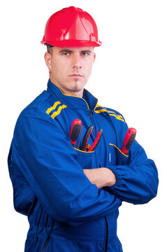 Young Blue Collar Worker Posing With Tools Isolated On White Background