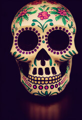 Mexican sugar skull with floral close with reflection