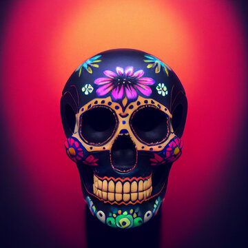 Mexican sugar skull with floral black with purple flower sunset 
