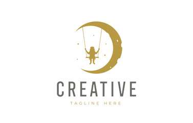Child Reaching Dream Logo Design Template. Girl Playing Swing On Moon.