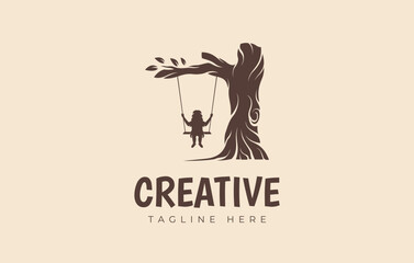 Daycare Children Wood Logo Design Template. Child Playing Swing Under Tree.