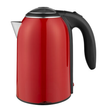 Red electric kettle, glossy plastic finish, side view, on a white background, isolate
