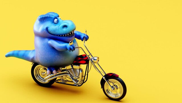Fun 3D cartoon animation of a Trex on a motorbike