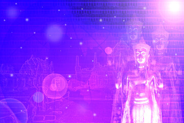 Buddha image with colorful lights in concept of metaverse.
