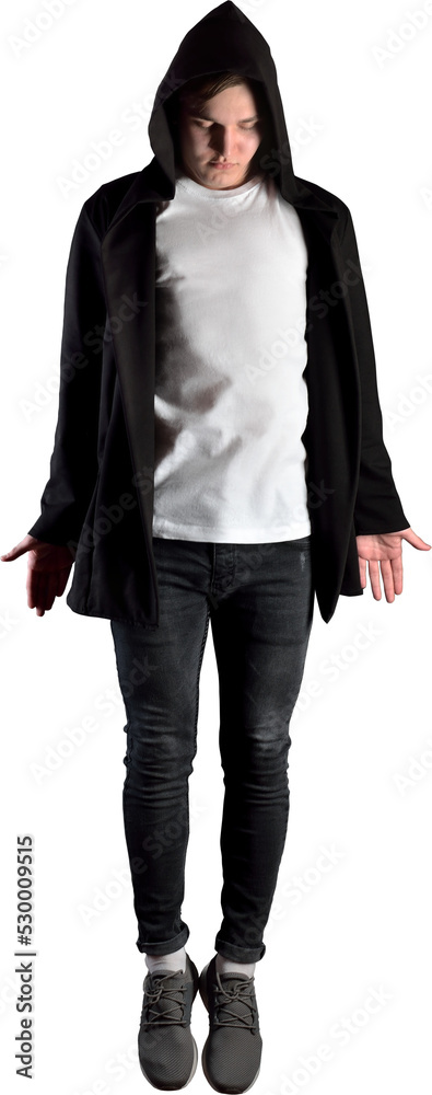 Wall mural PNG. Mockup of mens white t-shirt on guy in black isolated on transparent background - Wall murals
