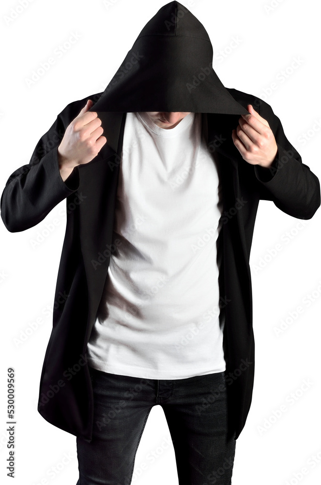 Poster PNG. Mockup of mens white t-shirt on guy in black isolated on transparent background