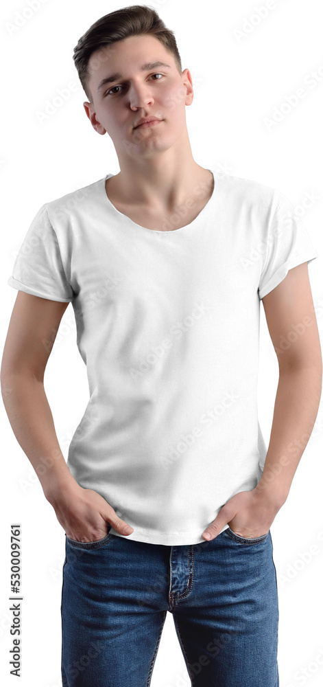 Poster PNG. White t-shirt mockup on guy, isolated on transparent background - Posters