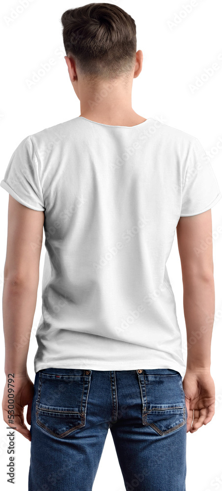 Sticker png. white t-shirt mockup on guy, isolated on transparent background