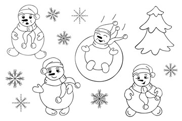 Vector drawing of snowmen in doodle style on a white background.