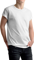 PNG. White t-shirt mockup on guy, isolated on transparent background