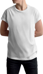 PNG. White t-shirt mockup on guy, isolated on transparent background