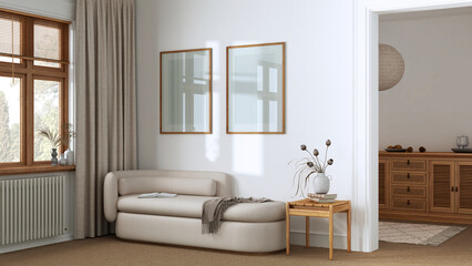 Fototapeta na wymiar Elegant living room in white and beige tones with carpeted floor and fabric sofa. Frame mock up. Minimalist classic interior design