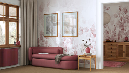 Elegant living room in red and beige tones with carpeted floor, wallpaper and fabric sofa. Minimalist classic interior design