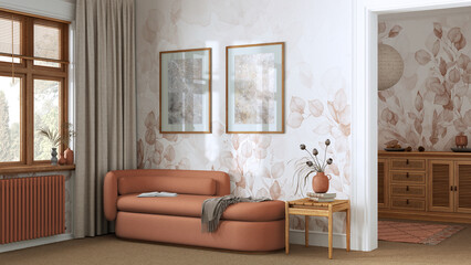 Elegant living room in orange and beige tones with carpeted floor, wallpaper and fabric sofa. Minimalist classic interior design