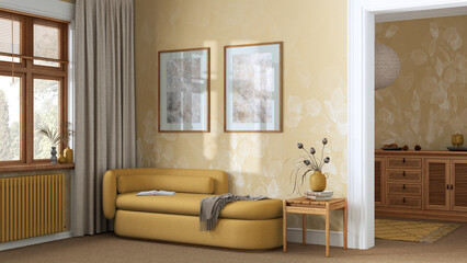 Elegant living room in yellow and beige tones with carpeted floor, wallpaper and fabric sofa. Minimalist classic interior design