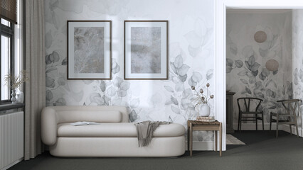 Classic minimal living room in dark and beige tones with carpeted floor, wallpaper and fabric sofa. Elegant vintage interior design