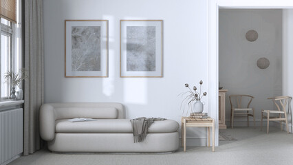 Classic minimal living room in white and beige tones with carpeted floor and fabric sofa. Elegant vintage interior design