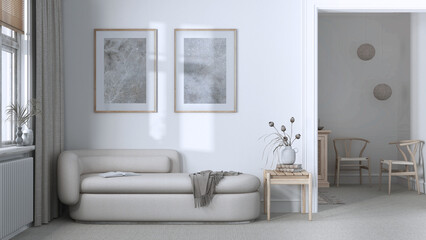 Fototapeta na wymiar Classic minimal living room in white and beige tones with carpeted floor and fabric sofa. Elegant vintage interior design
