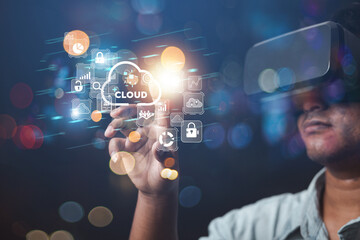 business people show the world of the future Metaverse Cloud Technology Global Internet Connection Application to Build a Network Business Cloud Metaverse Concept

