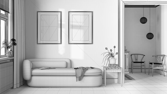 Blueprint unfinished project draft, classic minimal living room with carpeted floor, wallpaper and fabric sofa. Elegant vintage interior design