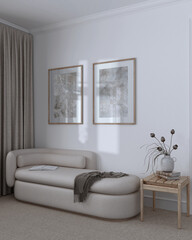 Elegant living room in white and beige tones with carpeted floor and fabric sofa. Japandi classic interior design