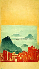 Retro poster on the city and bay of Rio de Janeiro in Brazil, for event or trip to organize in Brazil, conference on Brazil and its South American culture
